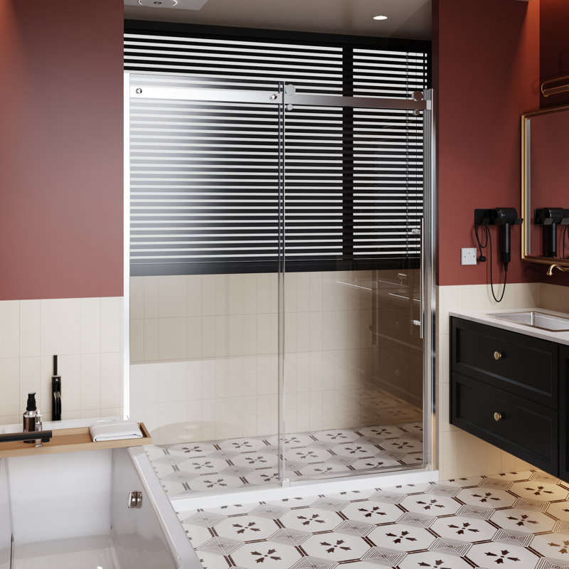 Single Sliding Shower Door 72 In H 60 W With Stainless Steel Handle, 1/4 Inch Thick Clear Tempered Glass, Aluminum Alloy Rail - Reversible Installation, Structure Zinc Roller Rail, Glass Reversible,