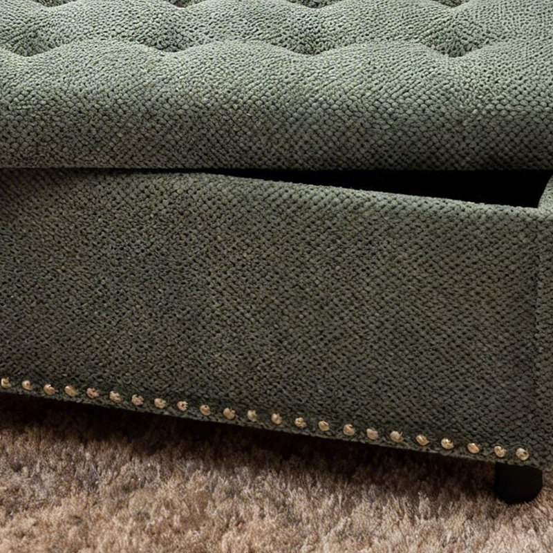 Upholstered Tufted Storage Square Ottoman With Nailhead Trim, Green