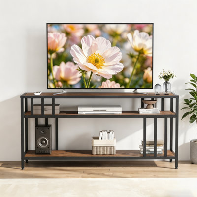 Support quadruple tube - Meuble télé 58 po pour téléviseur de 65 po ou moins - Étagères de rangement ouvertes à 3 niveaux - Meuble audio-vidéo brun rustique pour le salon ou la chambre à coucher - couleur rétro, 58 po