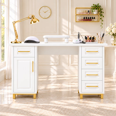 43"Manicure Nail Table, Makeup Vanity with 5 Drawers & Cabinets