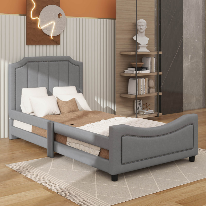 Lit de jour simple rembourré avec tête de lit rayée intemporelle, Gris