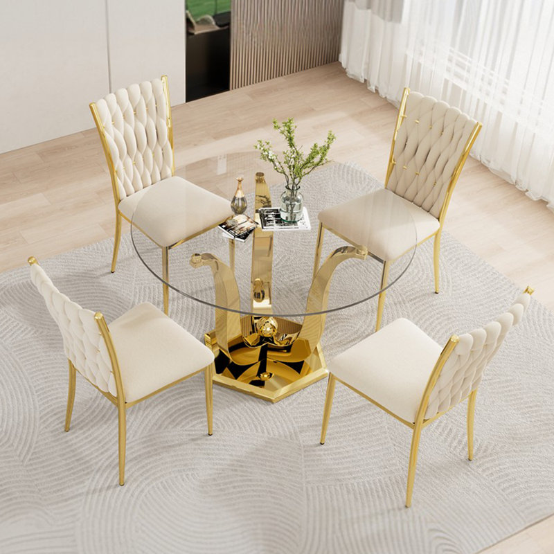 38.9" Round Glass Dining Table Set For 4, Modern Dining Table With Gold Stainless Steel Base & 4 Velvet Upholstered Chairs, 5 Piece Kitchen Set For Dining Room