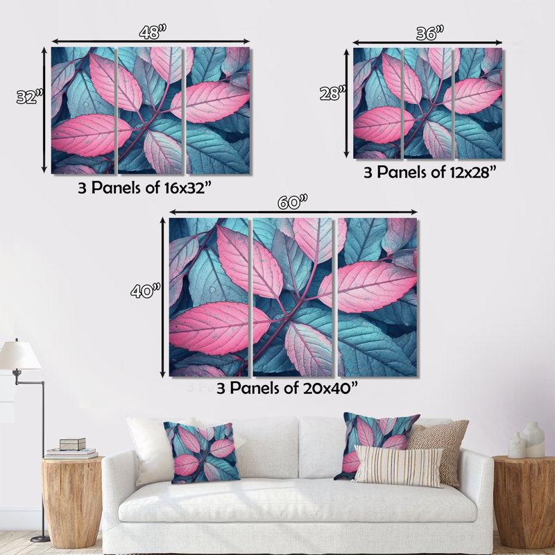 «Pink Teal Leaf Of Splendor» sur toile, reproduction de 3 pièces, H 32 po x l 48 po x P 1 po