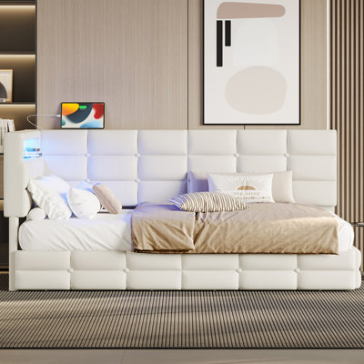 Upholstered Sofa Bed With 2 Storage Drawers, Charging Station And LED Lights