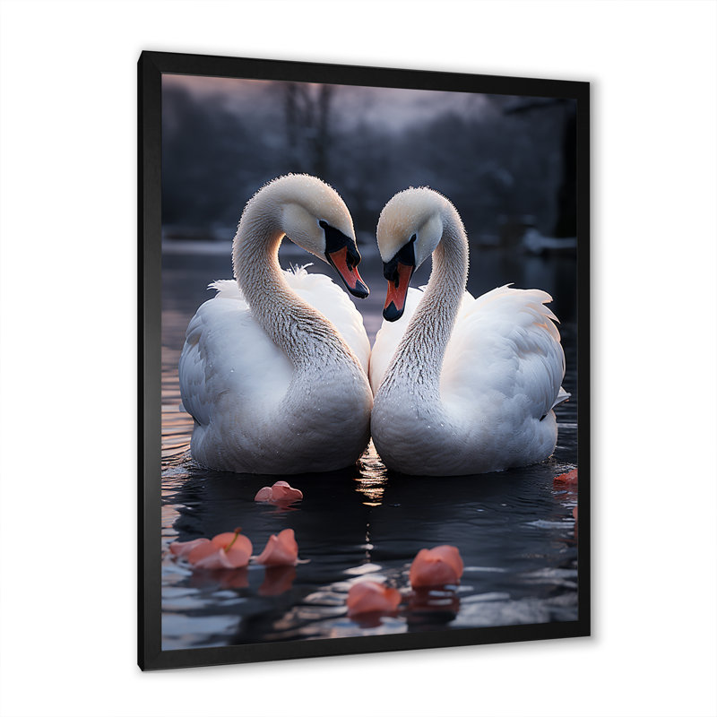 Art mural sur toile, "Swans Romantic Portrait II", H 32 po x l 16 po, Cadre simple noir