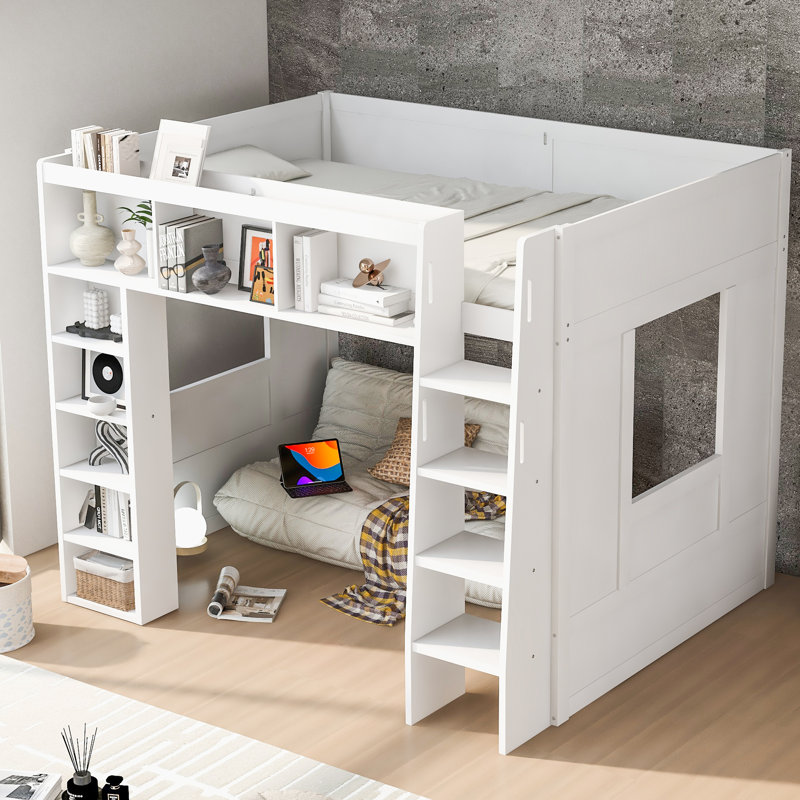 Grand lit mezzanine blanc avec armoires et tablettes, panneau de fibres à densité moyenne en bois massif, Blanc
