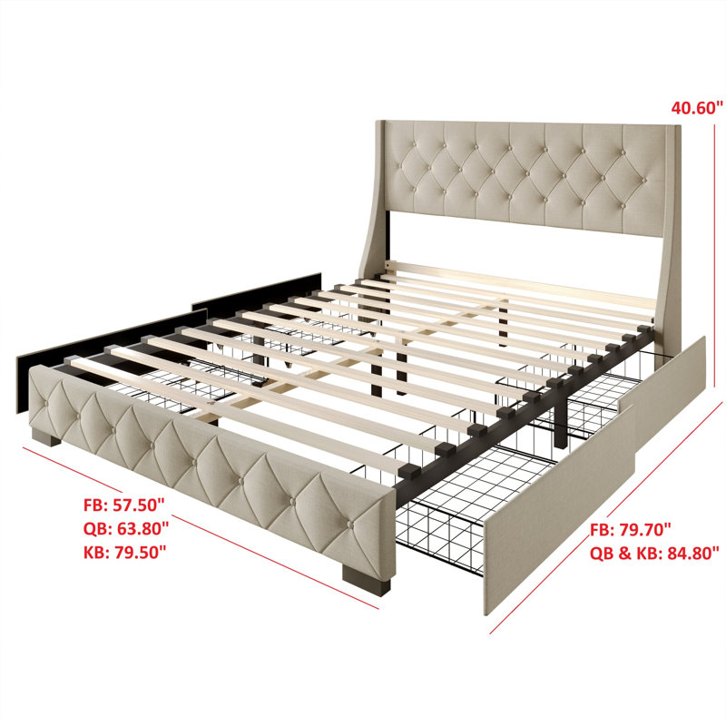 Tasir Upholstered Wingback Storage Bed, Full, Warm Gray