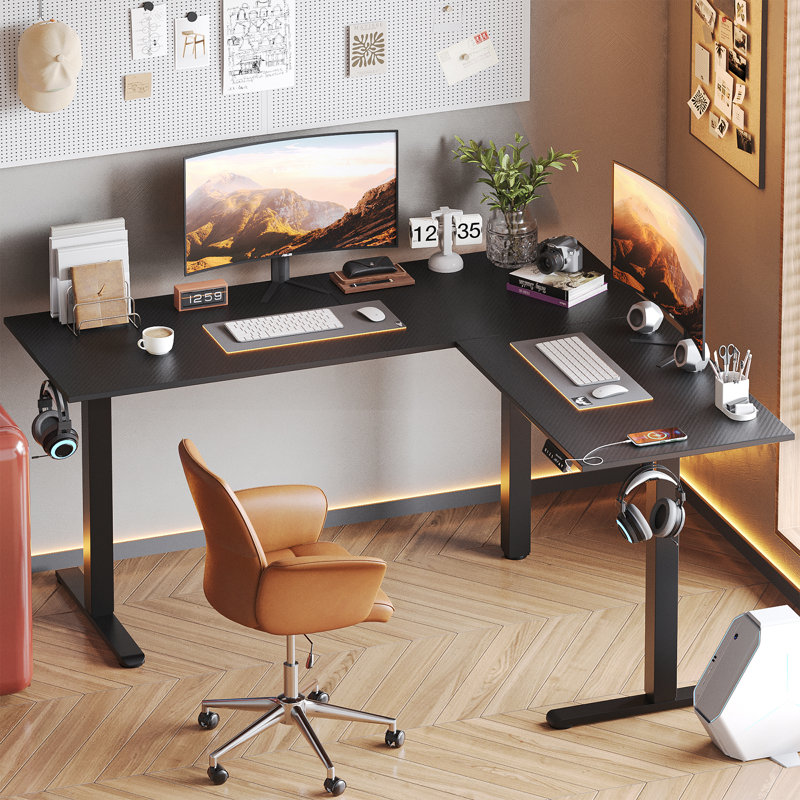 Monike 63" L Shaped Gaming Desk with Power Outlet, Height Adjustable Standing Desk, Black
