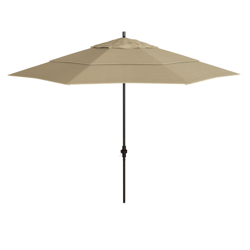 Parasol en bronze 11 pieds avec manivelle en aluminium et oléfine champagne, Oléfine brun clair