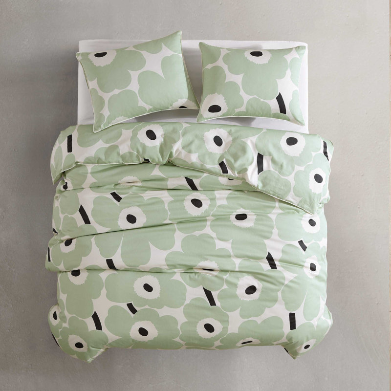 King Size Green and White Organic Cotton Floral Duvet Cover Set