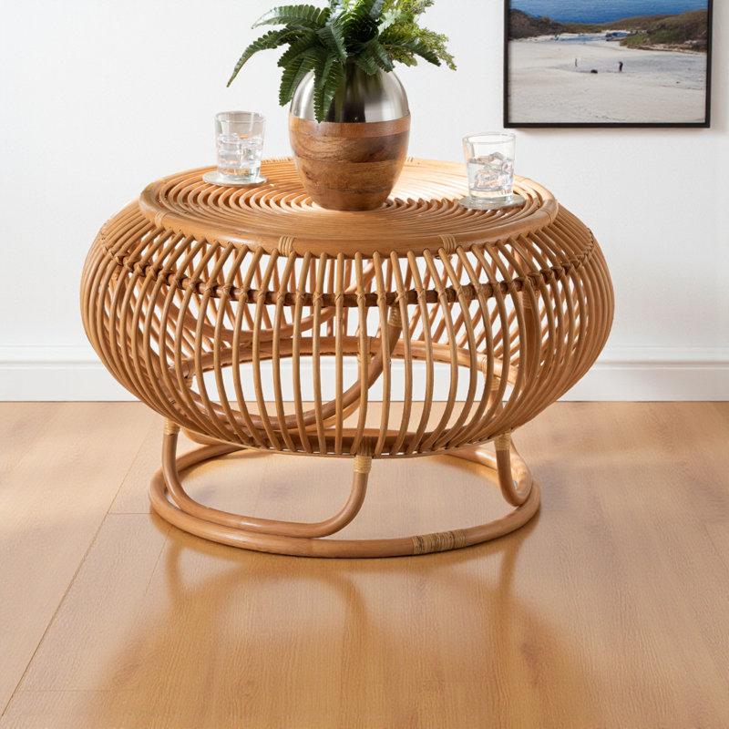 Hanne Round Natural Rattan Pole Handcrafted Coffee Table, 19.50" H X 32.02" W X 32.02" D