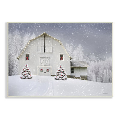 Blanc, hiver, champ de neige, grange, paysage de Noël confortable, estampe numérique encadrée noire, art texturé par Lori Deiter