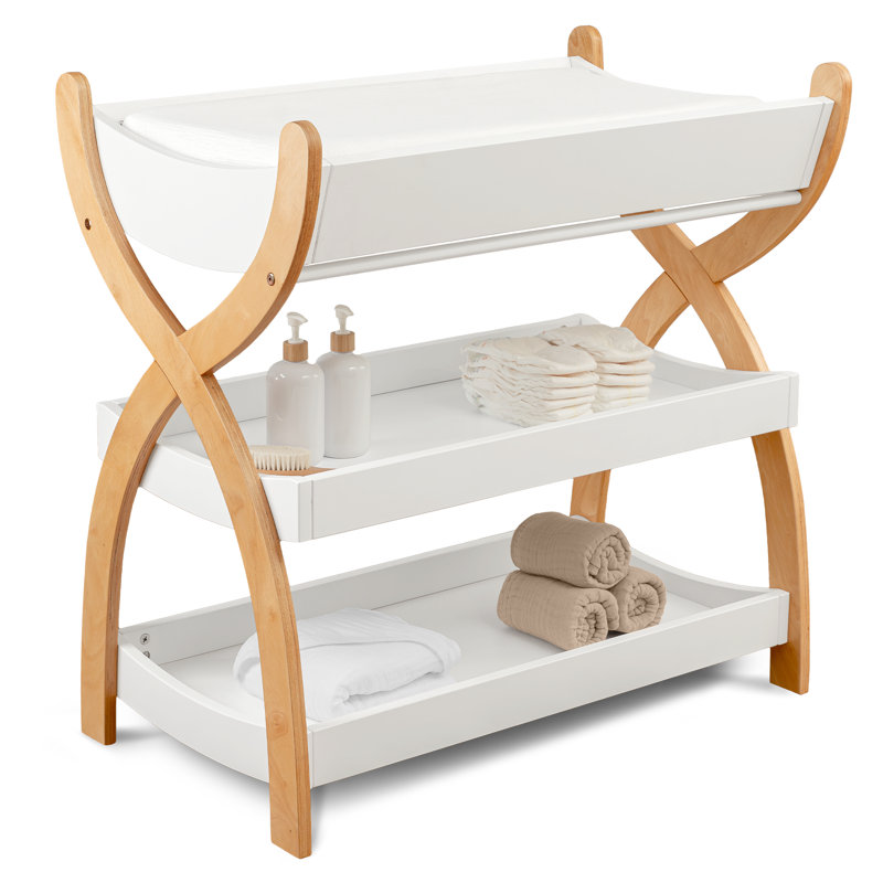 Comfy Cubs Baby Changing Table - Sturdy Wood Construction with Two Open Shelves for Infant Essentials Storage, White/Natural