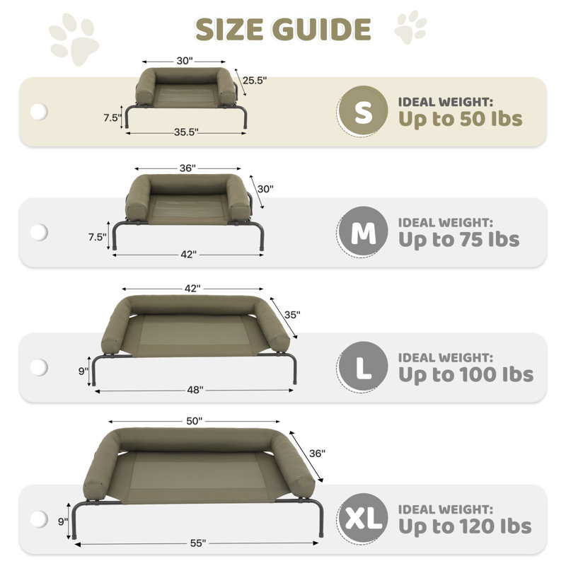 Portable Elevated Pet Bed Dog Cot Bed With Removable Bolster, Extra Small (35.5" W x 25.5" D x 7.5" H), Dark Green