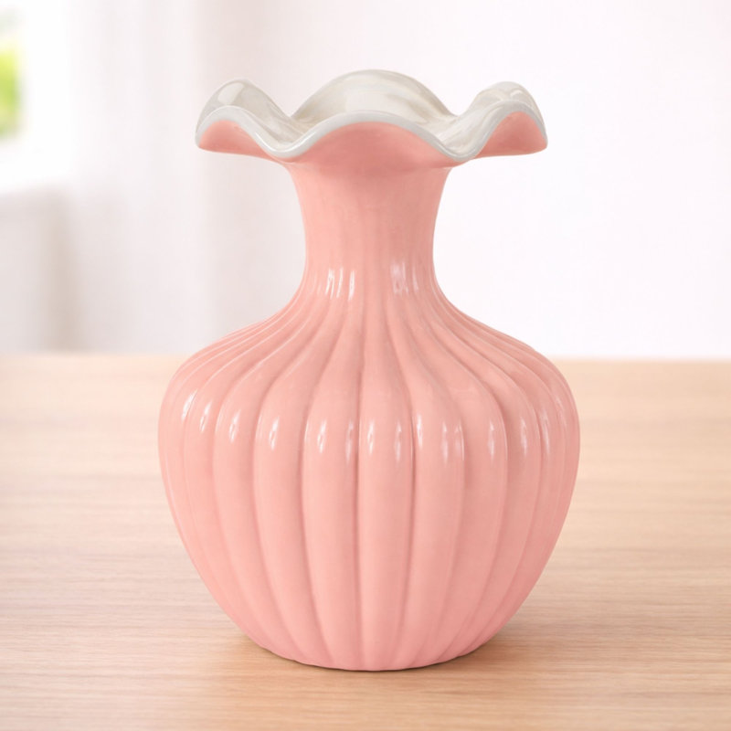 Scalloped Ribbed Dolomite Vase 8"H, Pink
