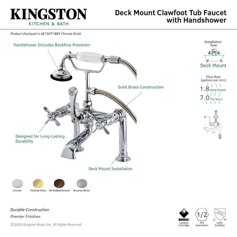 Kingston Brass Essex Three-Handle 2-Hole Deck Mount Clawfoot Tub Faucet with Hand Shower, Brushed Nickel