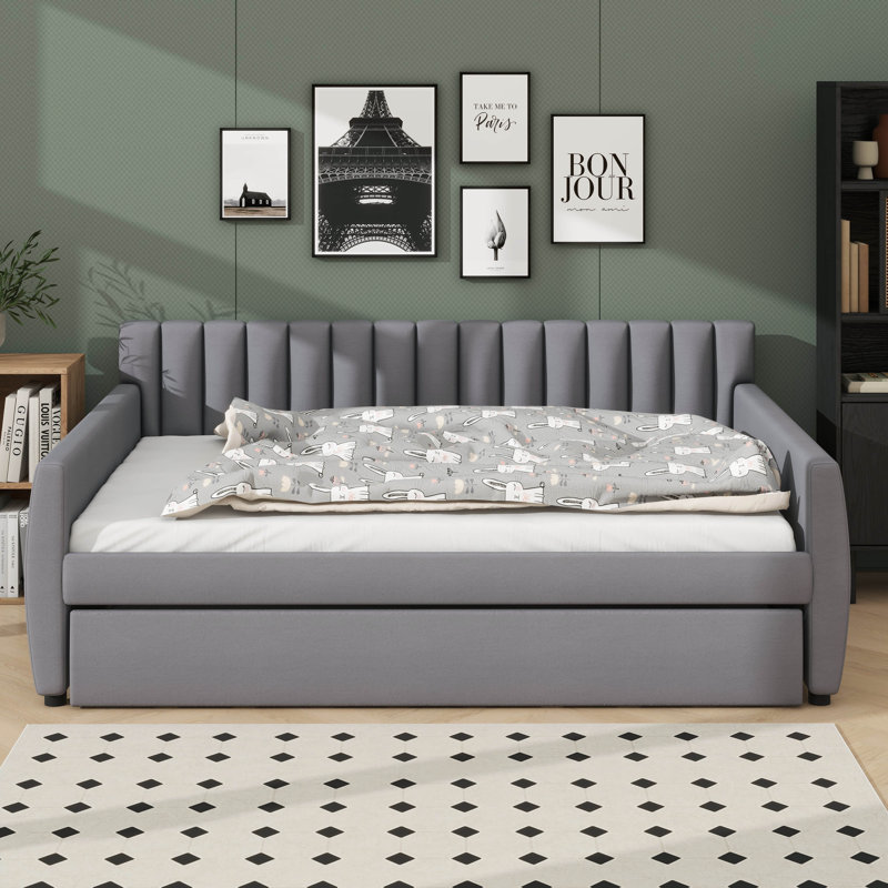 Full-Sized Upholstered Daybed With An Integrated Trundle, Gray