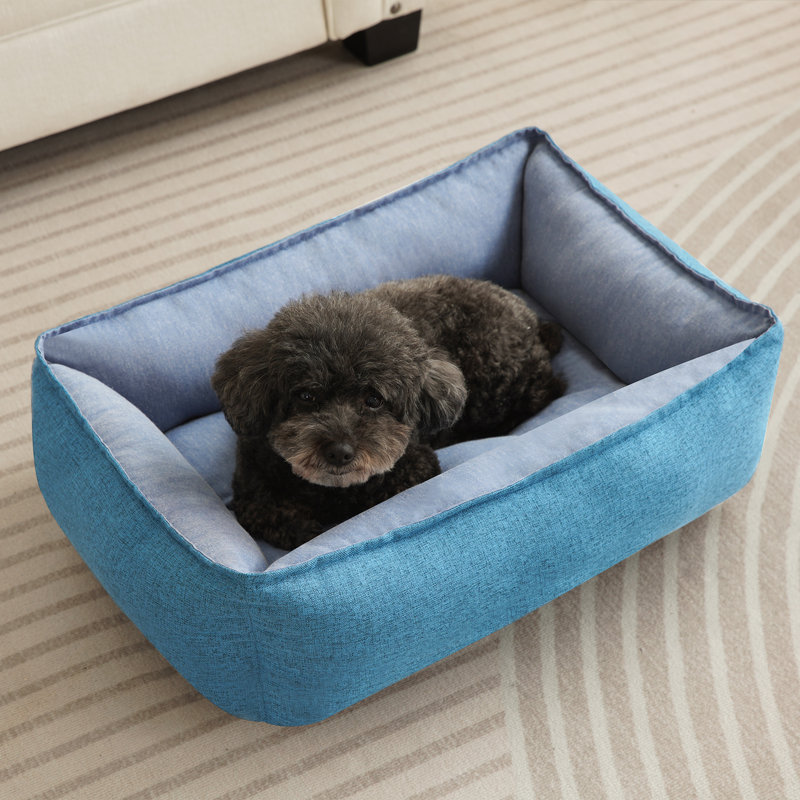 Blue Linen Rectangle Pet Bed with Bolster Cushion