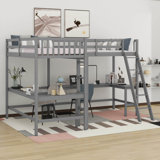 Wood Twin Size L-Shaped Loft Bed With 2 Built-In L-Shaped Desks