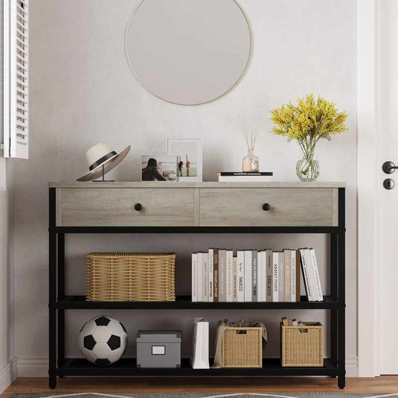 Console à 2 tiroirs, table d'entrée avec 2 tablettes de rangement, Gris