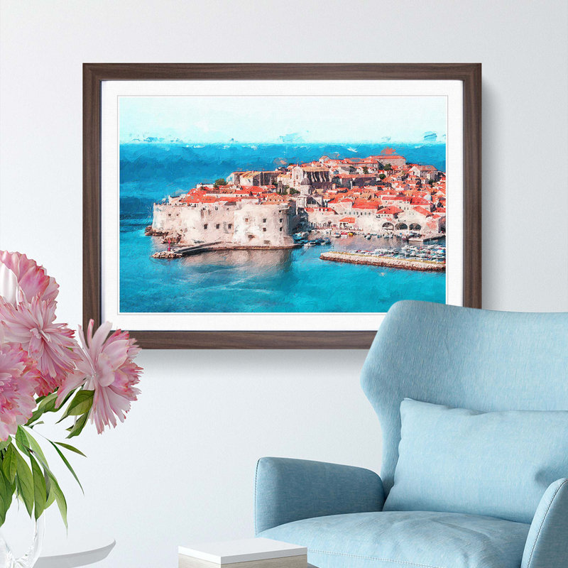 Ancient City Walls Of Dubrovnik In Croatia - Single Picture Frame Painting, 45cm H x 63cm W x 2cm D, Walnut Framed