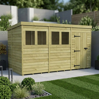 Total Sheds 11ft x 6ft Pent Garden Shed - Single Door - With Windows - Pressure Treated Timber - UK Manufactured