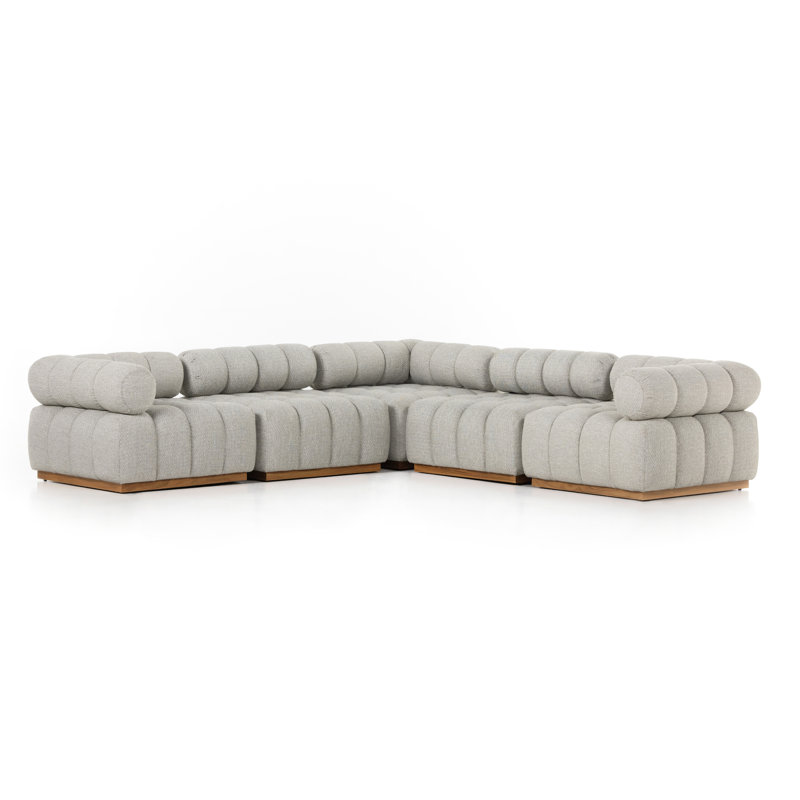 Roma Outdoor 5Pc Sectional-Hayes Cream, Faye Ash Cushion/Natural Teak Frame