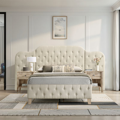 Veritte Queen Platform Bed With Oversized Headboard, Beige Linen