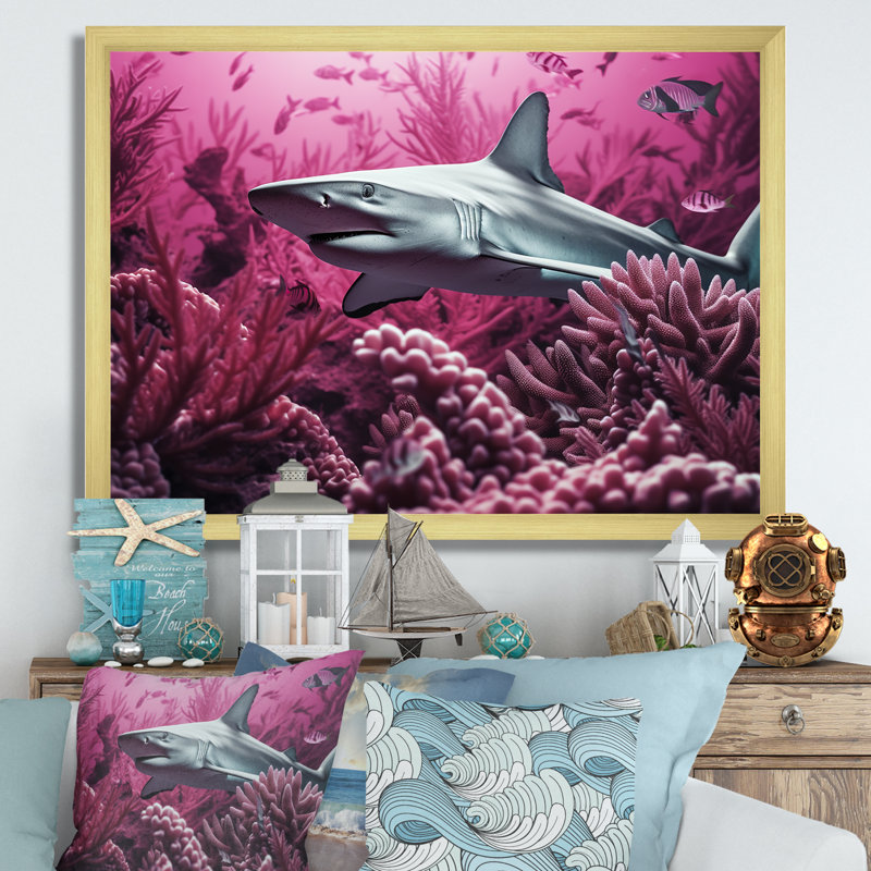 " Hammerhead Purple Sharks ", Gold Single Picture Framed, 16" H x 32" W x 1" D