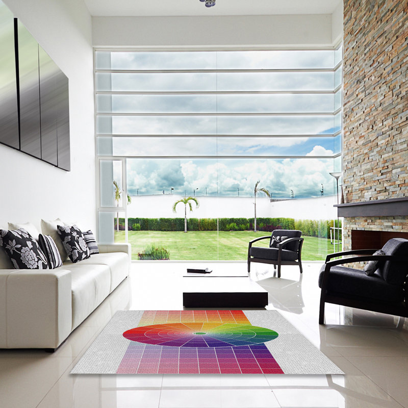 Tapis gris/vert/rouge à motifs, Carré 5 pi