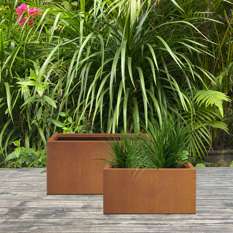 Tali 2-Piece Rectangular Indoor/Outdoor Planters, Faux Weathering Steel