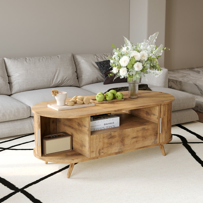 Table basse ovale de 45 pouces avec rangement, centre de table Mid-Century moderne en chêne avec tiroir et porte coulissante