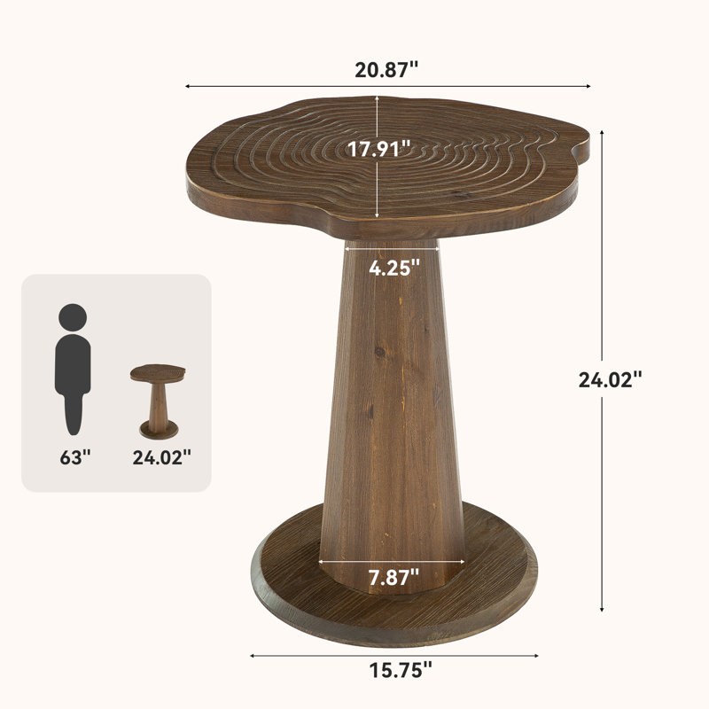 Solid Wood End Table, 19" Round Pedestal With Tree-Ring Patterns