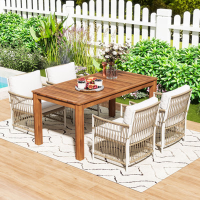 5-Piece Outdoor Patio Dining Set with Rectangular Table and 4 Hand-Woven Rattan Arm Chairs & Cushions