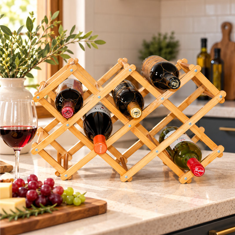 Paradkar 10-Bottle Foldable Bamboo Wine Rack, Freestanding Countertop Wine Bottle Holder, Natural