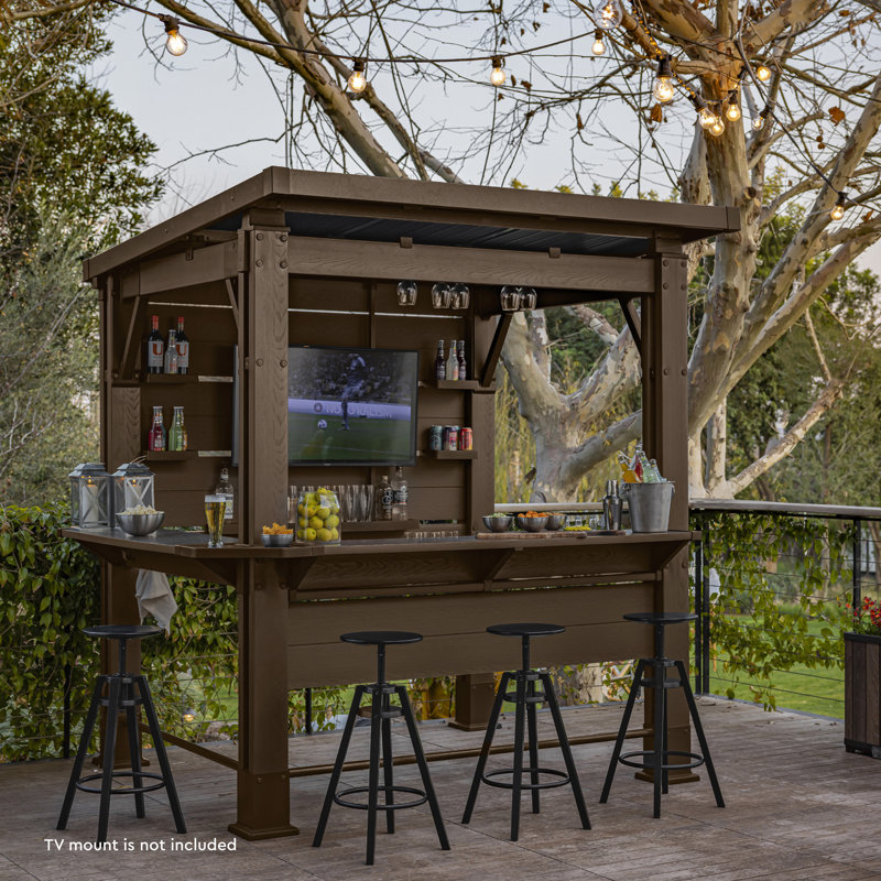 Keter Signature Collection 7.5 x 6.5 ft. Bar Gazebo Outdoor Durable Resin Gazebo with Shelves and TV Mount Point, Pine