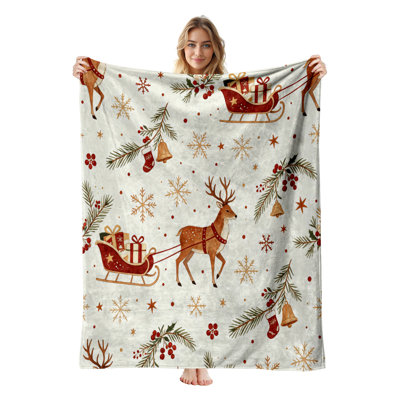 Plaid de Noël en flanelle polaire JYK, léger, respirant, doux et chaud en microfibre pelucheuse, 127 x 152 cm, motif cœurs et cerfs mignons
