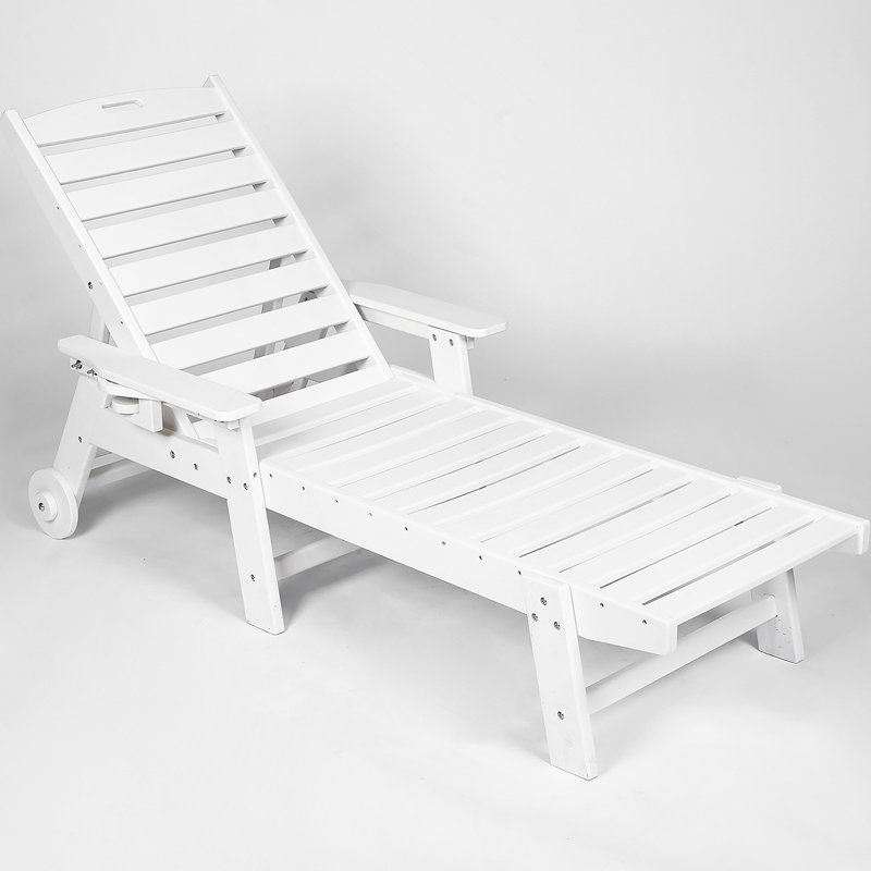 Outdoor Lounge Chair With Wood Texture, Oversized Chaise Lounge With Adjustable Backrest, Wheels, And Cup Holder For Poolside And Patio Relaxation
