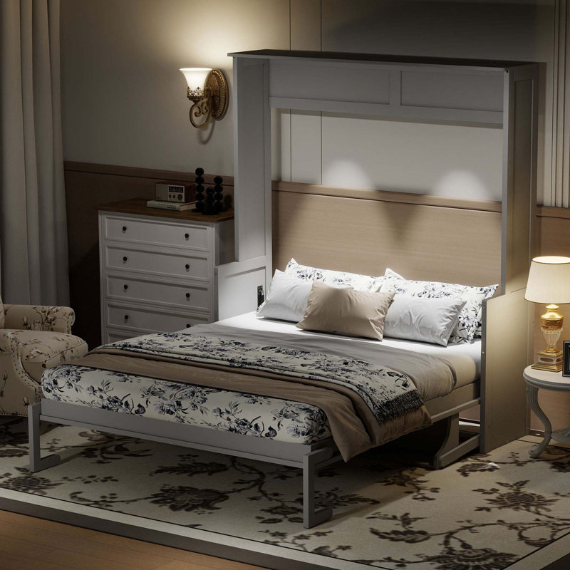 Grand lit escamotable avec bureau, lumières DEL et station de charge USB, Grey