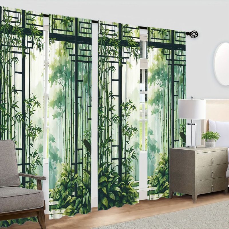 4Pcs Nature Bamboo Forest Scenic Curtains, Green Leaf Landscape Printed Window Drapes for Home Decor, Rod Pocket Light Filtering Panels Living Room, Bedroom, Dining, Kitchen, Decoration