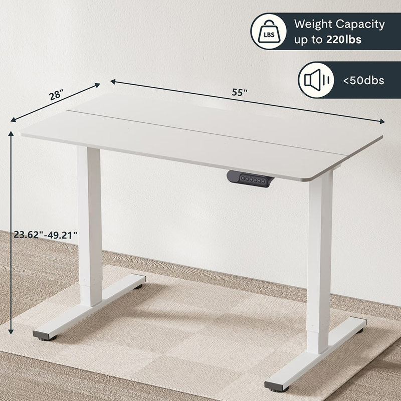 Bureau debout électrique à hauteur ajustable, H 49,21 po x l 55,12 po x P 13,78 po, Blanc / blanc