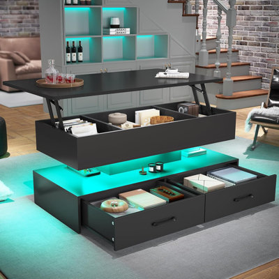 40"" Lift Top Coffee Table, Coffee Tables with Storage for Living Room, Small Coffee Table with 2 Drawers & LED Light for Dining Reception Room, Black -  Ivy Bronx, 3AFE5805CFD148059E202731DAA1A7A4
