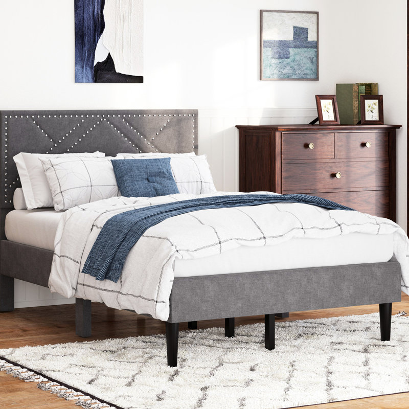 Lit double - Rangement pour tête de lit en lin, sans sommier tapissier, gris carbone, option de rangement sous le lit, Bois