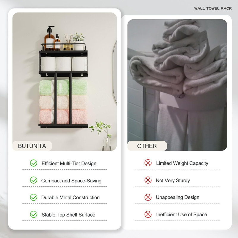 Porte-serviettes mural en métal à 2 niveaux avec tablette - Support de rangement de salle de bain pour serviettes roulées et articles essentiels