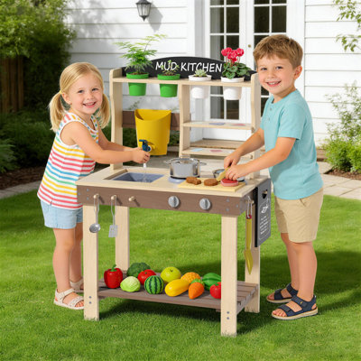 Cuisine de boue en bois pour enfants pour l'extérieur, cuisine de jeu avec réservoir d'eau, évier et robinet, batterie de cuisine pour jouets, pots à plantes et moules alimentaires, ensemble de jeu sensoriel pour les tout-petits et les enfants