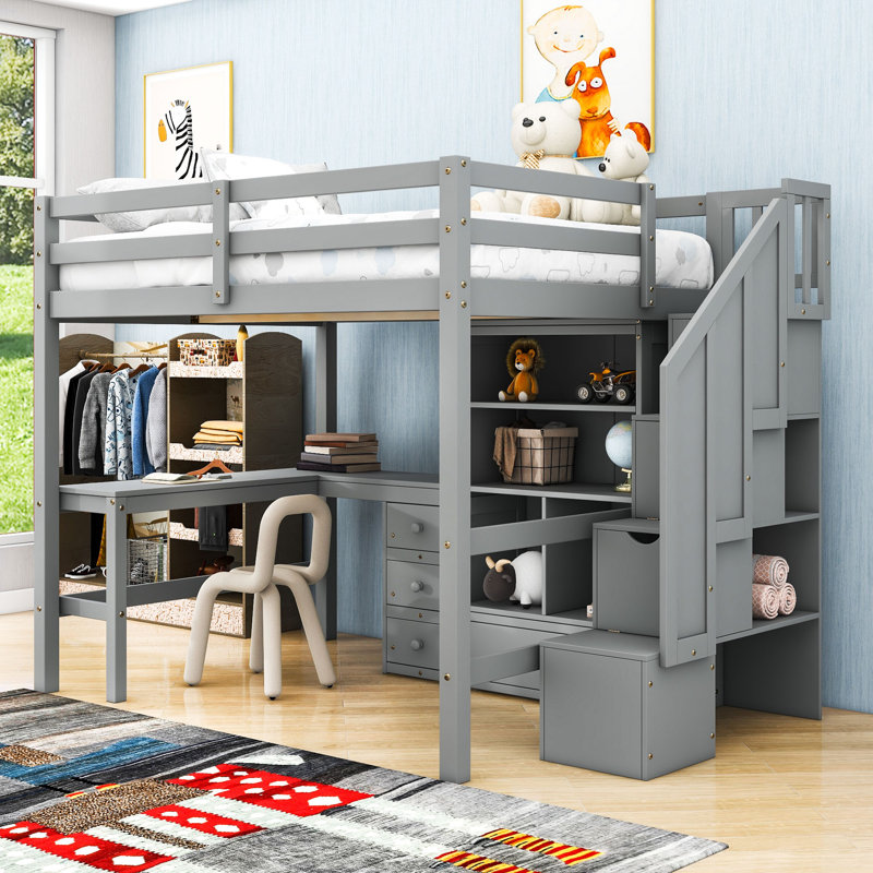 Lit mezzanine double avec bureau, tiroirs et cabine, gris