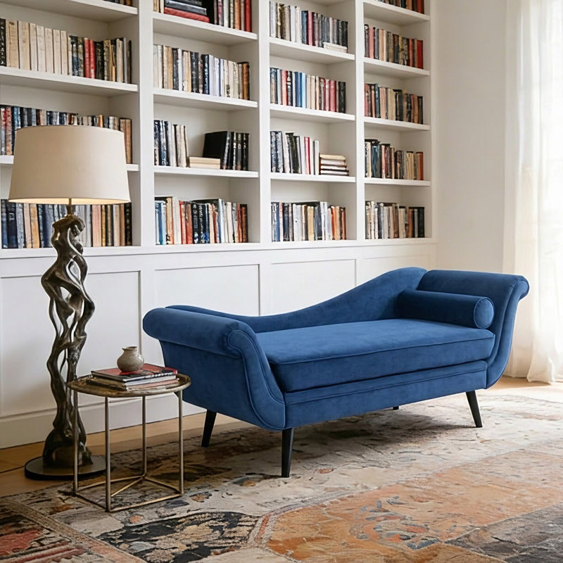 Chaise longue rembourrée avec coussin Enmond, Velours bleu, Noir