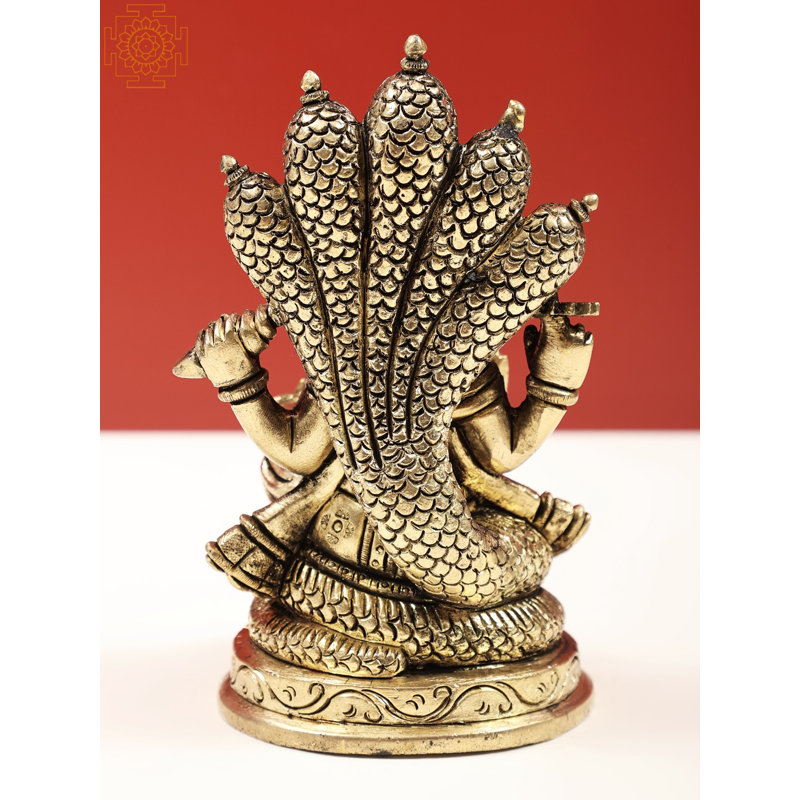 Statue de 5 pouces en laiton Bhawawan Vishnu assis sur Sheshnag - dieu conservateur fabriqué à la main avec discus, conque et macis