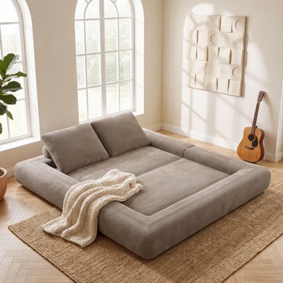 Corduroy Foldable Sofa Bed, 3-in-1 Convertible Floor Loveseat with High-Density Foam, No Assembly Compression Couch for Living Room & Guest Room, Light Brown