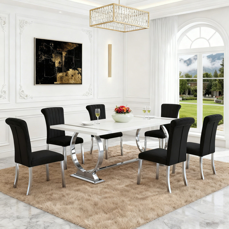 7 Pc 80" Doyle Dining Table Set, Black/Silver, Silver